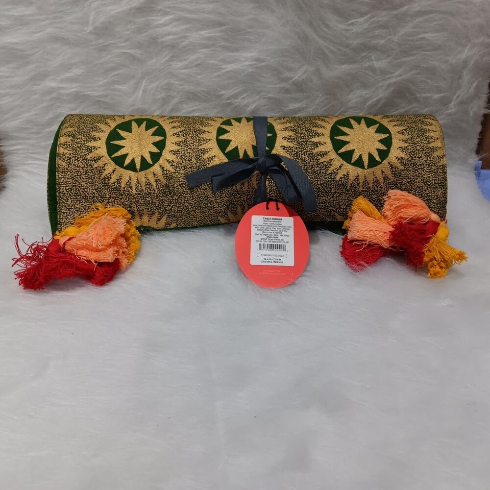 Jungalow Table Runner  gold green  14"h x 72" w
